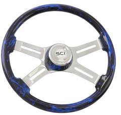 Classic Inferno Blue - 18" Printed Wood Rim, Chrome 4-Spoke w/Slot Cut Outs, Matching Bezel, Chrome Horn Button