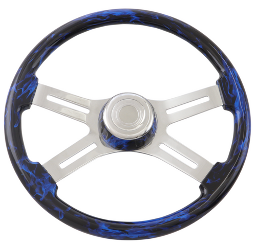 Classic Inferno Blue - 18" Printed Wood Rim, Chrome 4-Spoke w/Slot Cut Outs, Matching Bezel, Chrome Horn Button