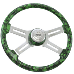 Big Skulls Green - 18" Printed Wood Rim, Chrome 4-Spoke w/Slot Cut Outs Steering Wheel, Matching Bezel, Chrome Horn Button