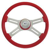 Classic Red-18" Painted Wood Rim, Chrome 4-Spoke w/ Slot Cut Outs Steering Wheel, Chrome Bezel, Chrome Horn Button-Logo