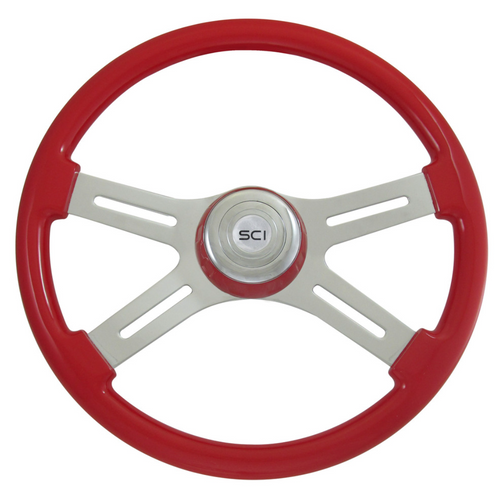 Classic Red-18" Painted Wood Rim, Chrome 4-Spoke w/ Slot Cut Outs Steering Wheel, Chrome Bezel, Chrome Horn Button-Logo