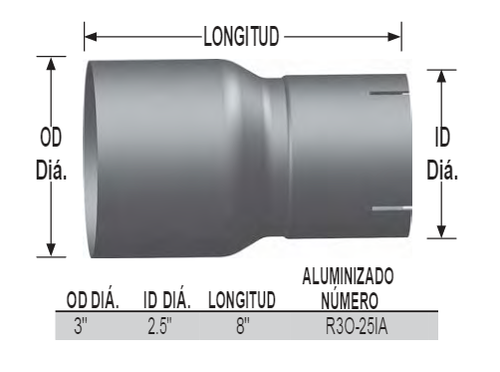 3" OD x 2.5" ID Exhaust Reducer Aluminized Pipe
