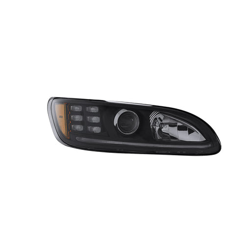 Black Housing Projection Headlight with LED Position Light & Turn Signal, fits Peterbilt 325, 330, 335, 337, 340, 348, 382, 384, 386, 387 models - Passenger Side