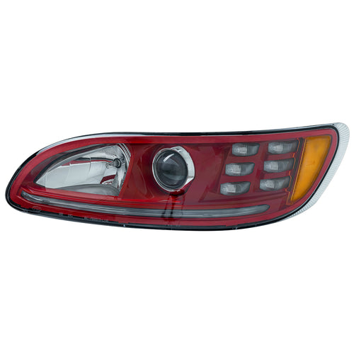 Headlight with RED Dragon Eyes Reflector w/LED Position Light & LED Turn Signal fits Peterbilt 325, 330, 335, 337, 340, 348, 382, 384, 386, 387