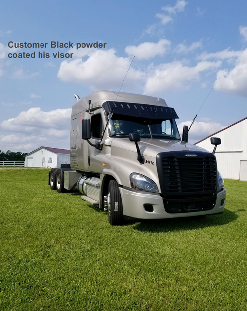 19 to 16 1/2” Visor Fits Freightliner Cascadia And Day Cab & Mid Roof (2007 & Newer) Cascadia Body Style (2018 & Newer) Stainless Steel V-Style 10 Hidden Light Hole With Visor