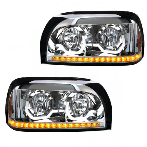 Chrome Headlight With LED Turn Signal & Light Bar For 1996-2010 Freightliner Century