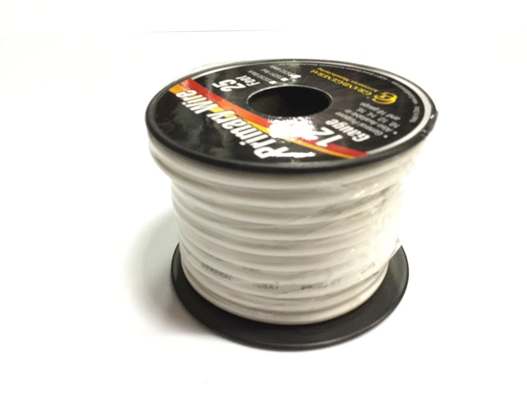 Primary Wire in 12 Gauge, 25 Ft Roll With Spool (White)