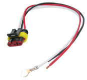 Weathertight 3-wire pigtail, 10” leads, ring terminal on ground, stripped wire ends on power leads