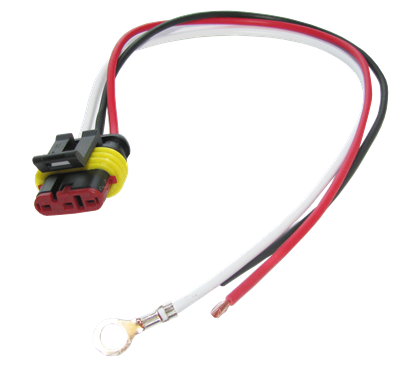 Weathertight 3-wire pigtail, 10” leads, ring terminal on ground, stripped wire ends on power leads