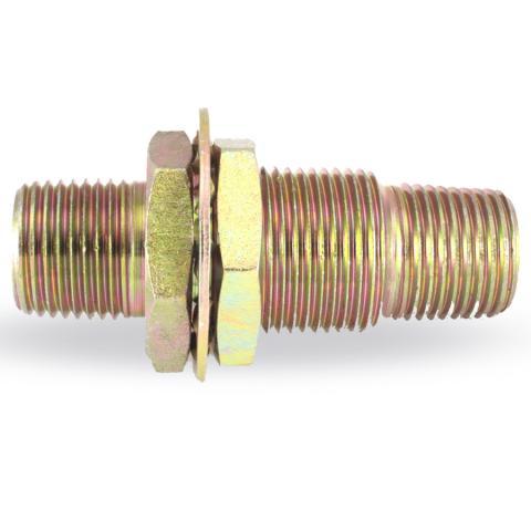 Bulkhead Fitting 1/2" MPT Each End, 1/4" FPT One End, 1" -14 Mounting Thread, 2-3/8" Overall Length
